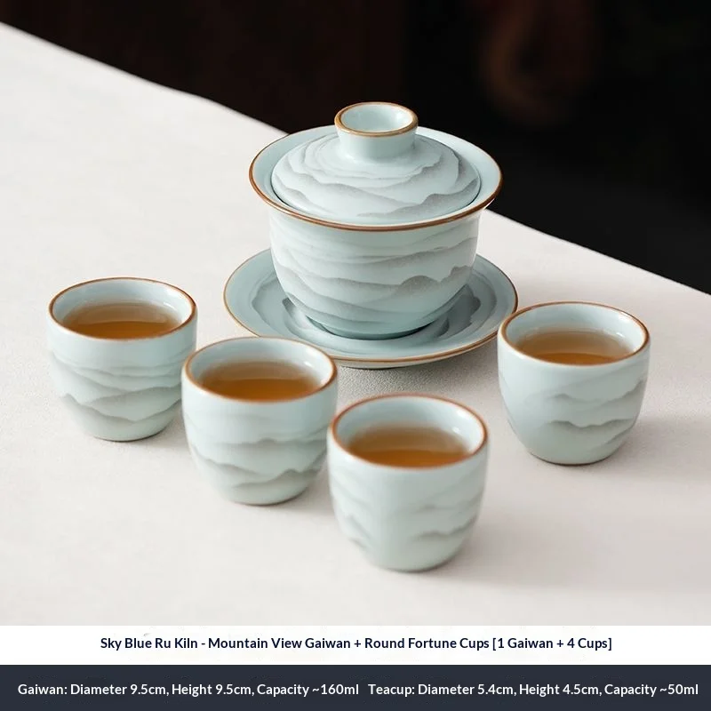 Ink Mountain Pattern Tea Set Ru Kiln Gongfu Teaware Tea Drinking Ceramic Pot Tea Brewing Teapot Teacup 1 Pot 4 Teacups