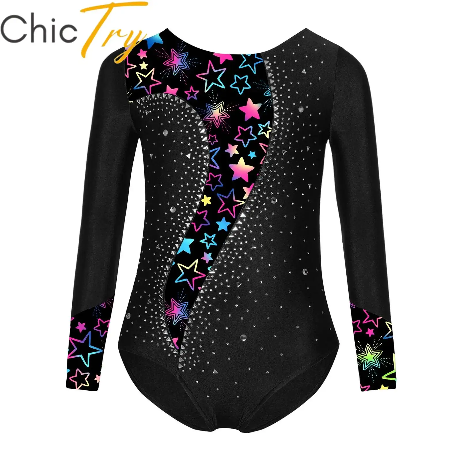 

Kids Girls Ballet Gymnastics Leotard Sports Ice Skating Jumpsuit Printed Rhinestone Long Sleeve Bodysuit for Stage Performance