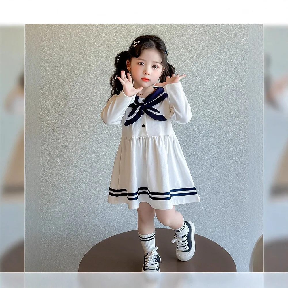 Girls Casual Dresses Girls Navy Collar Long Sleeve Dress  Spring Autumn School Style Dress  Preppy  Collar Kids Dress