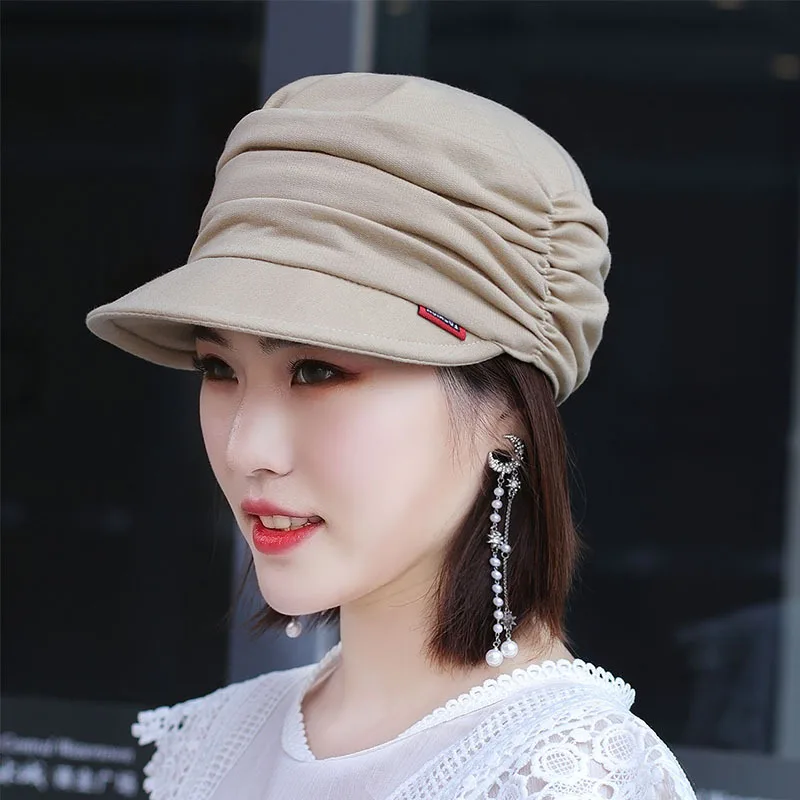 

Korean Style Pleated Visor Cap Women Adjustable Foldable Fashion Short Brim Warm Hat Autumn Winter Outdoor Head Wrap Cap Beanie
