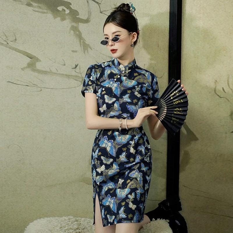 

Женское мини-платье с принтом бабочки - синее облегающее Cheongsam, сексуальное Ципао, ретро, винтажный стиль, современный восточный стиль