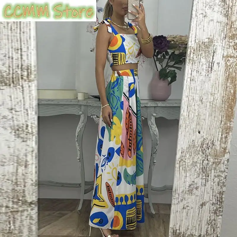 Elegant Women Long Maxi Dress Sets Fashion Printed Strappy Halter Dress Suits New Summer Sleeveless Short Top Two Piece Set