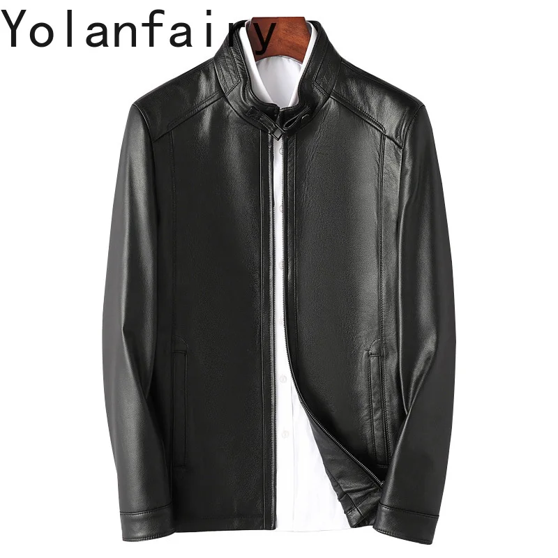 YOLANFARIY Genuine Leather Men Real Cowhide Jackets Spring Autumn Coats Motorcycle Jacket Mens Clothing Short Style Abrigo Negro