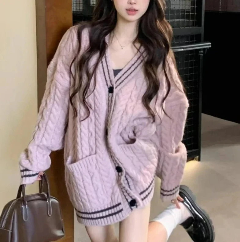 

Свободные элегантные вязаные топы на пуговицах, стильный трикотаж с карманами, модный осенний женский кардиган с длинными рукавами, свитер