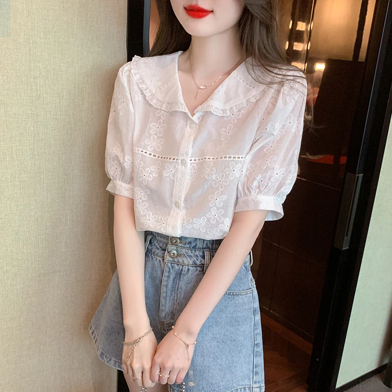 Fashion Short Sleeve Doll Collar Women Shirt Hollow Out Casual Shirt Blouse Women Tops  Blusas Mujer De Moda 2024 Verano G731