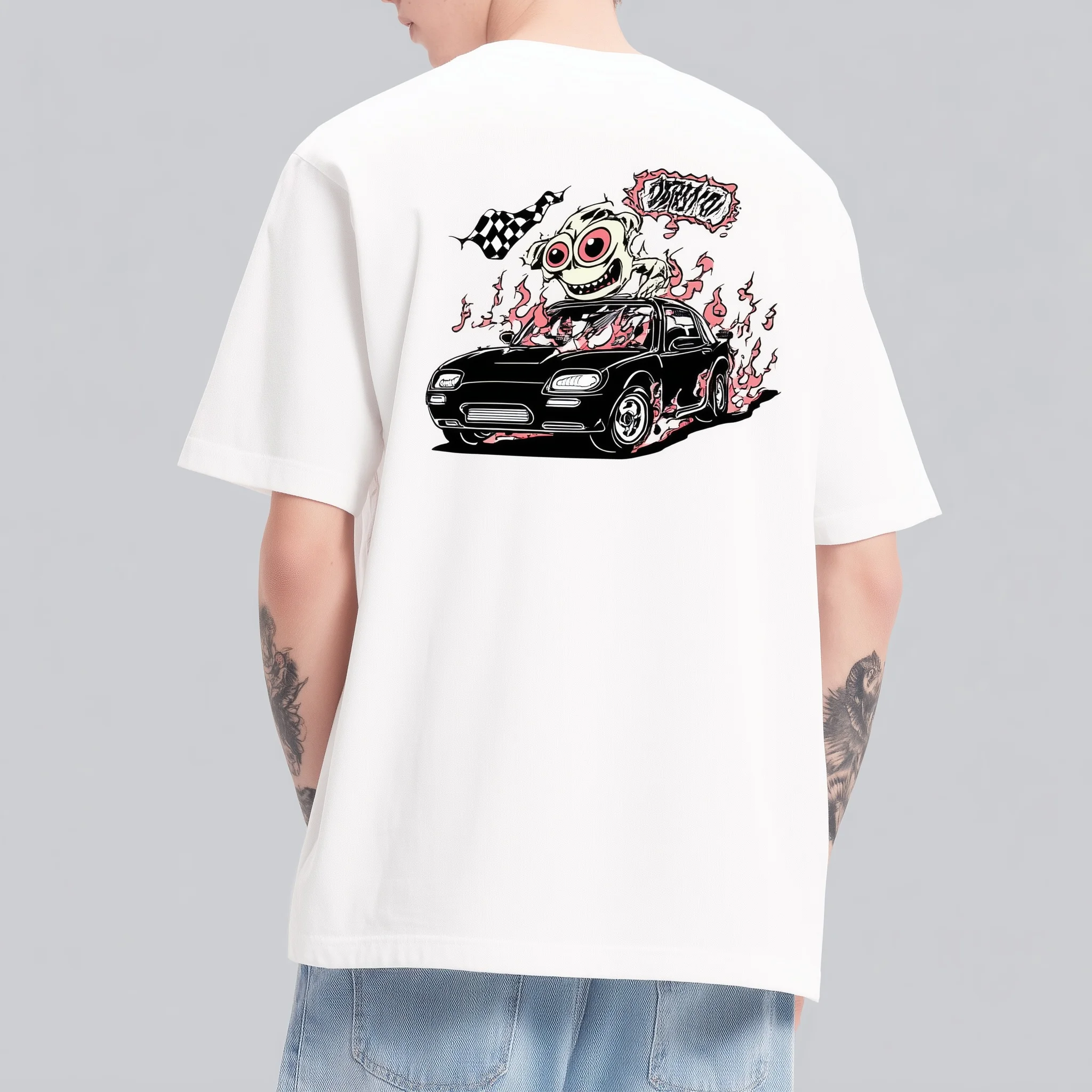 

Teevo Short Sleeve T-Shirt White Skull Car Print Casual Wear