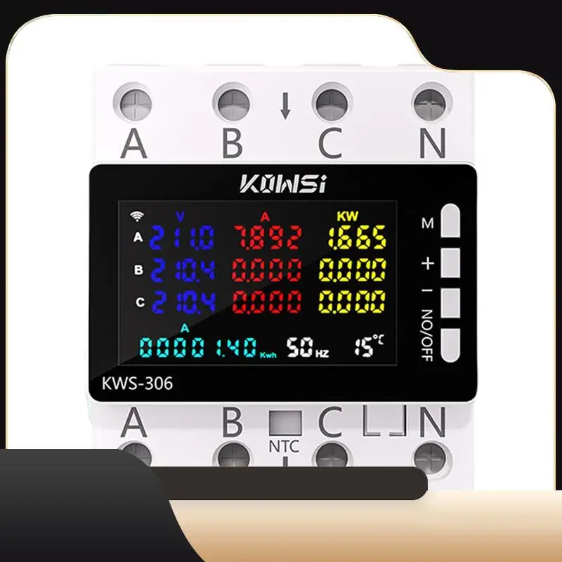 

KOWSI Smart Power Energy Meter AC 85-290V Монитор использования Защита тока и напряжения 3-фазная 4-проводная DIN-рейка-T44C