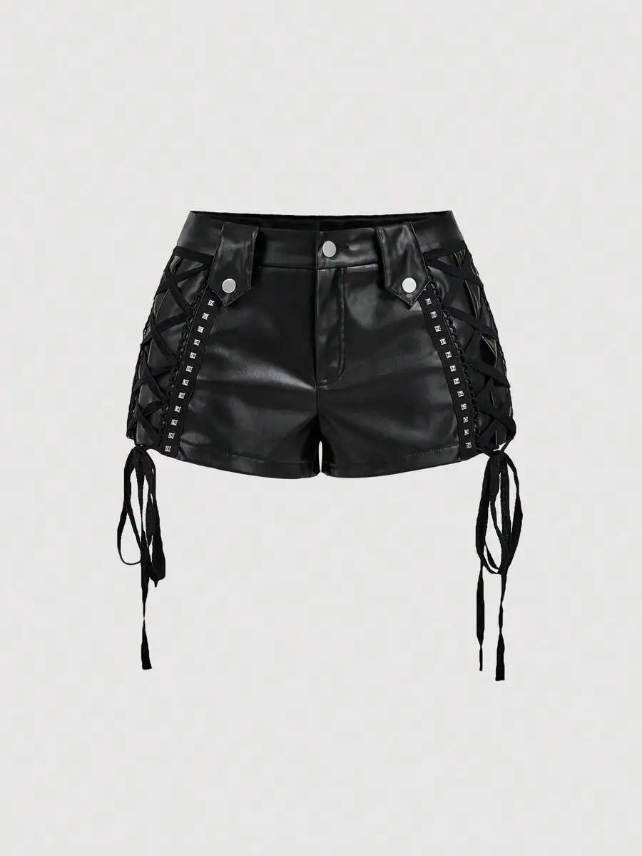 

Black Vintage Leather Shorts With Criss-Cross Lace-Up And Stud Details