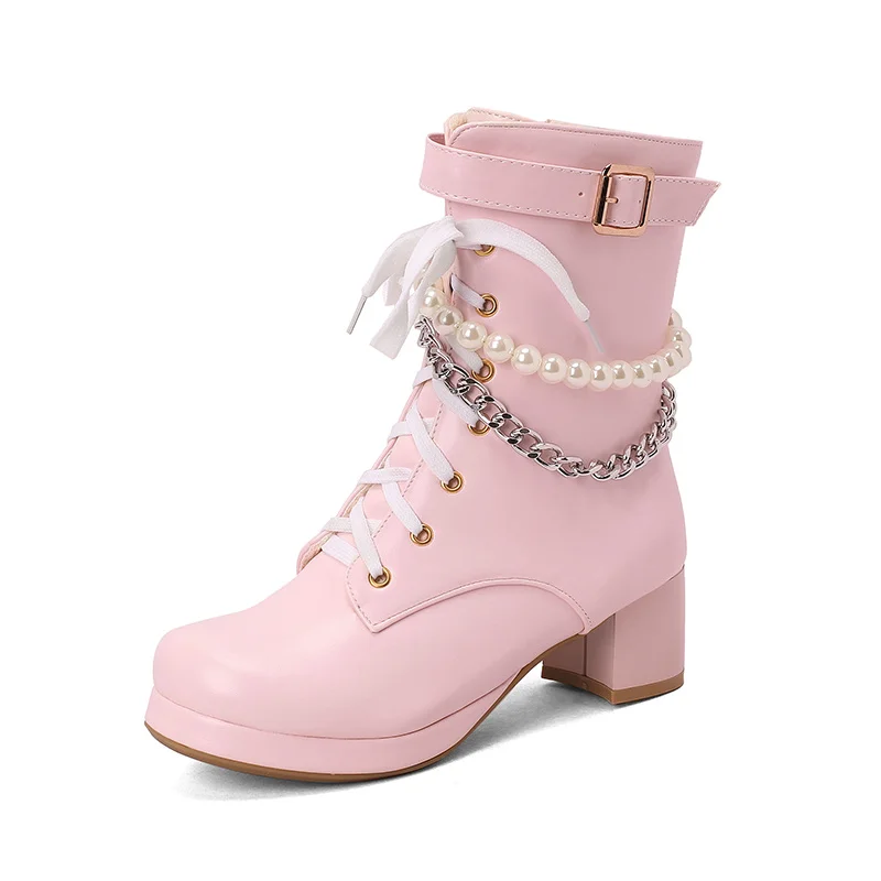 YQBTDL 2022 autunno inverno Lolita Style décolleté da donna Sweet Lace-up Chain String Bead Block tacchi alti Party nuove scarpe donna