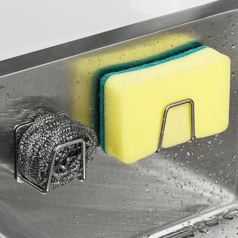 Stainless Steel Sponge Holder Self Adhesive Sink Drain Drying Wire Ball Racks Shelf Kitchen Storage Wall Hooks Holders Organizer