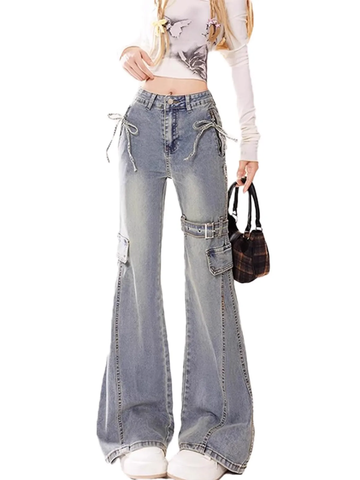 

Американская рабочая одежда с узлом в стиле ретро, расклешенные джинсовые джинсы, женские утягивающие брюки с высокой талией, весна 2025, новинка Sle