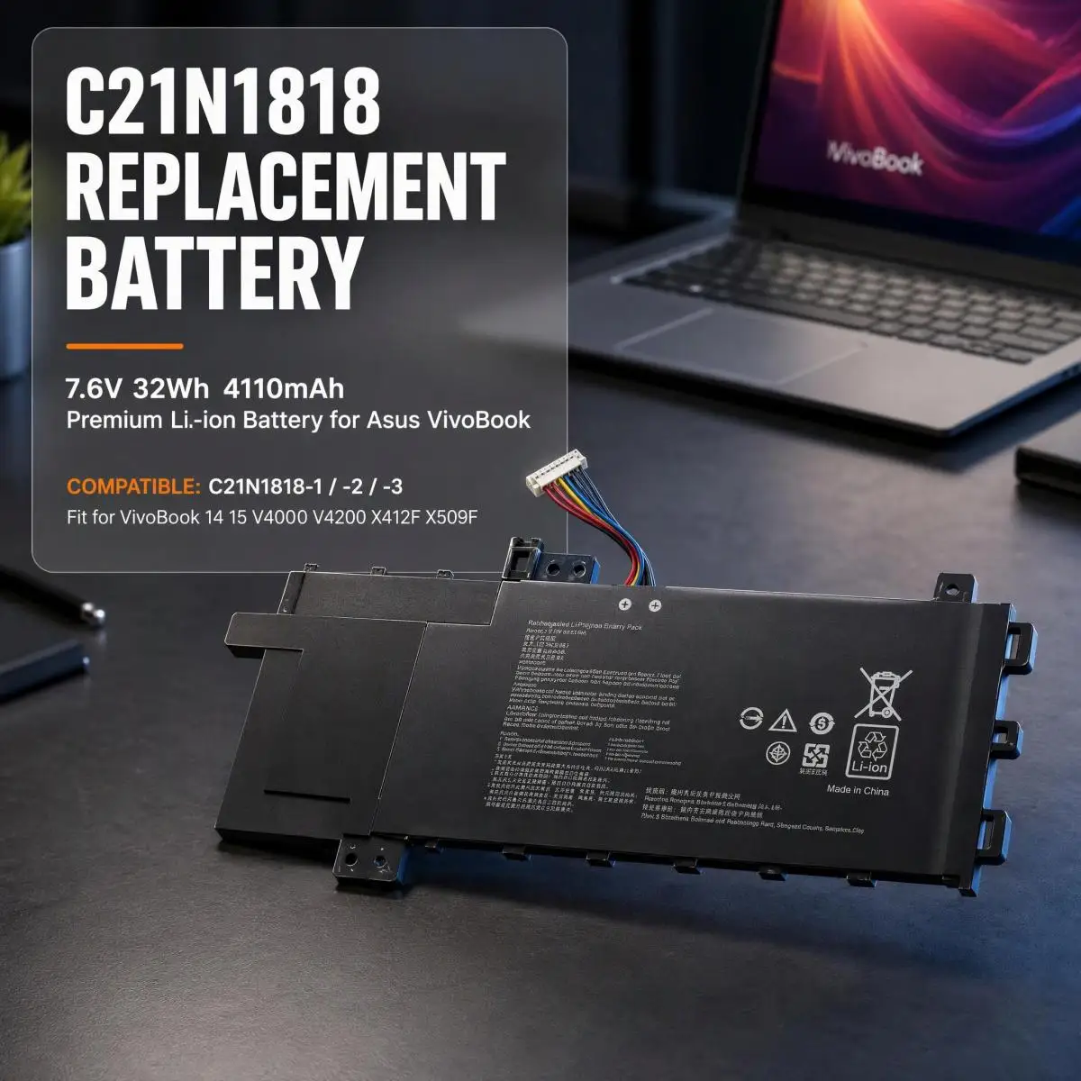 C21N1818-1 C21N1818-2 C21N1818-3 7.6V Replacement Li-ion Laptop Battery for Asus VivoBook 14 15 V4000 V4200 X412F X509F