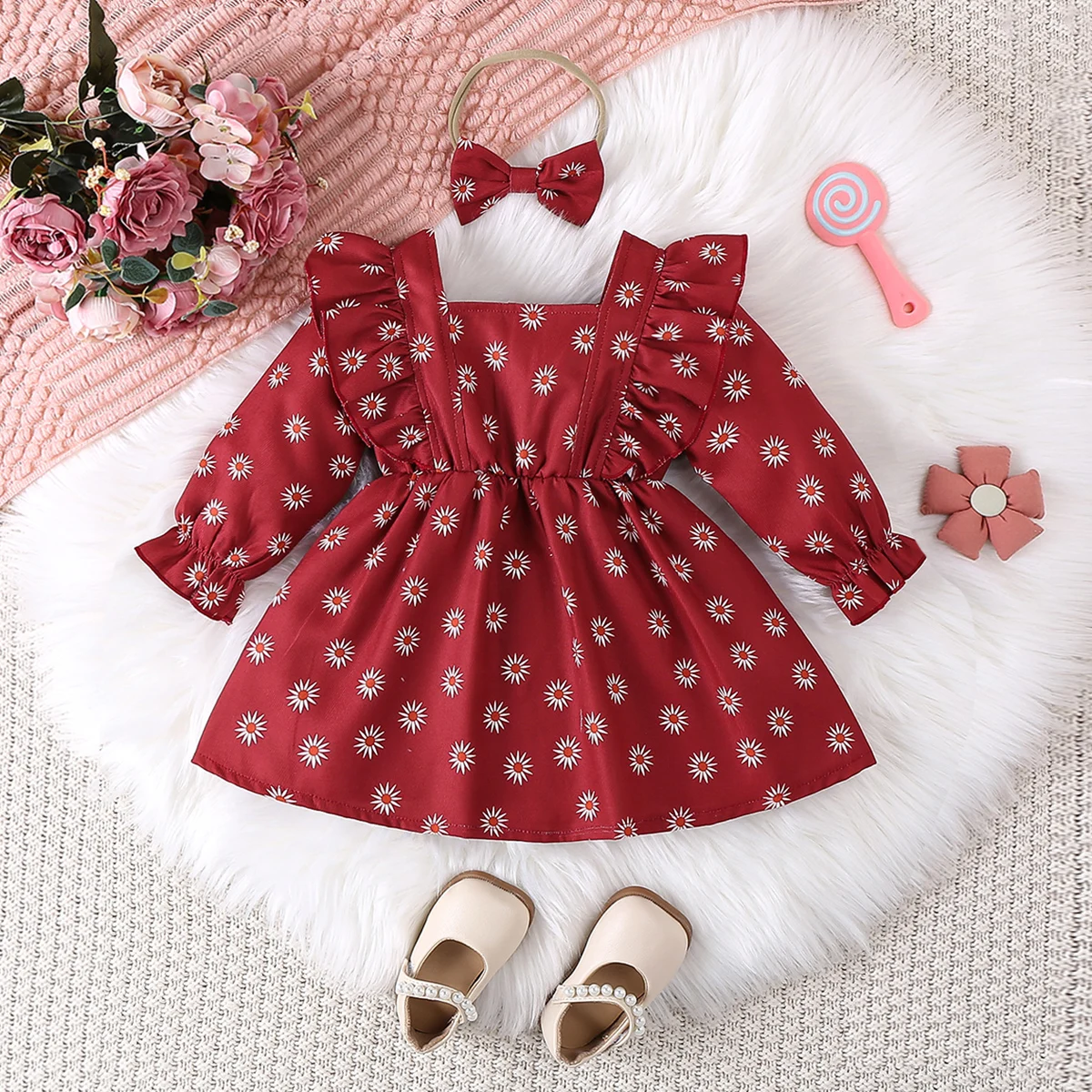 Fashionable casual floral dress with lotus leaf hem for baby girl (including bow hair accessory) for spring and autumn