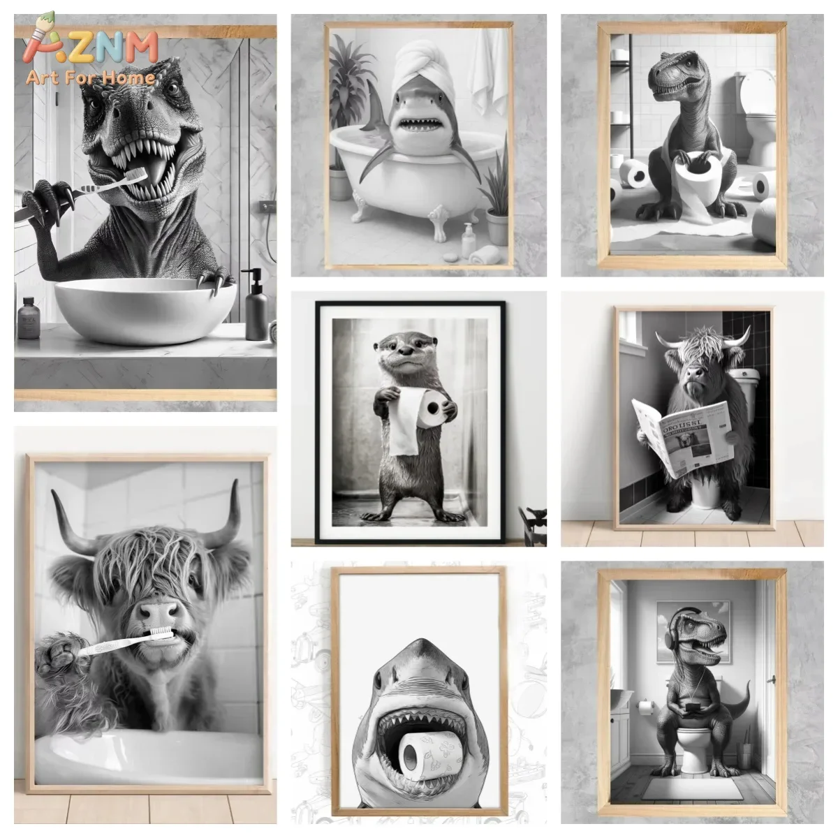 AZNM Funny Bathroom Animal Canvas Wall Art Black White Dinosaur Shark Highland Cow Otter Toilet Poster Print Restroom Decor Unfr