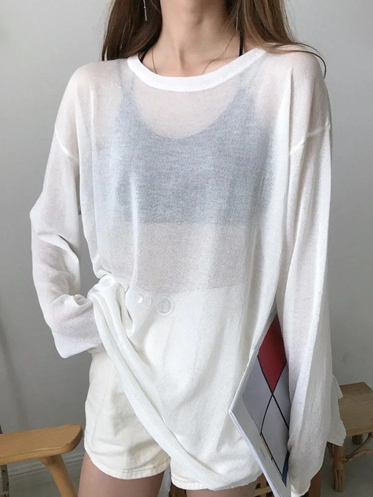 Women Loose Sheer T-shirts Fashion Summer Sun-proof Leisure Clean Fit All-match Long Sleeve Breathable