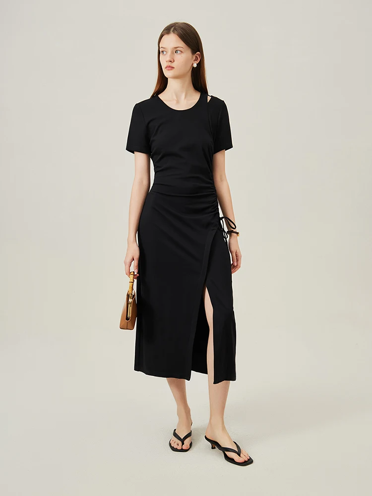 FSLE French Style Elegant Slim Long Dress For Female 2024 Summer New Versatile Casual Female Dress Black Dress 24FS12423