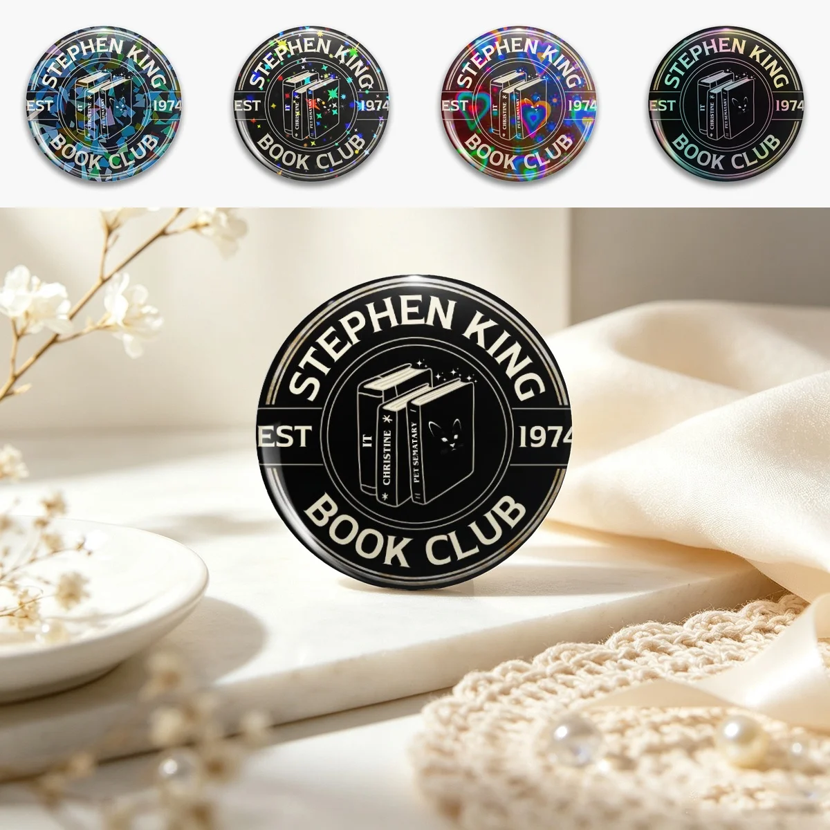 Stephen King Book Club Pin Holographic Star Heart Pin Brooches Laminated Button Fashion Accessory