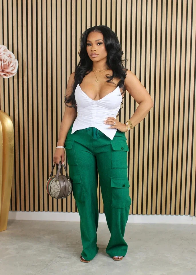 Women Fashion Pocket Side Straight Wide Leg Safari Style Pants Drawstring Summer Velvet Zipper Fly Cargo Trousers
