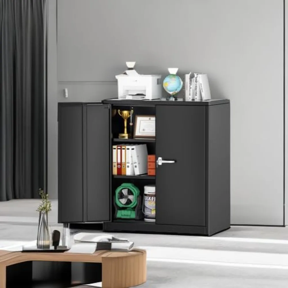 Szafka stalowa zamykana na klucz, metalowe szafki zamykane z 2 regulowanymi półkami, czarna szafka warsztatowa o wysokości blatu