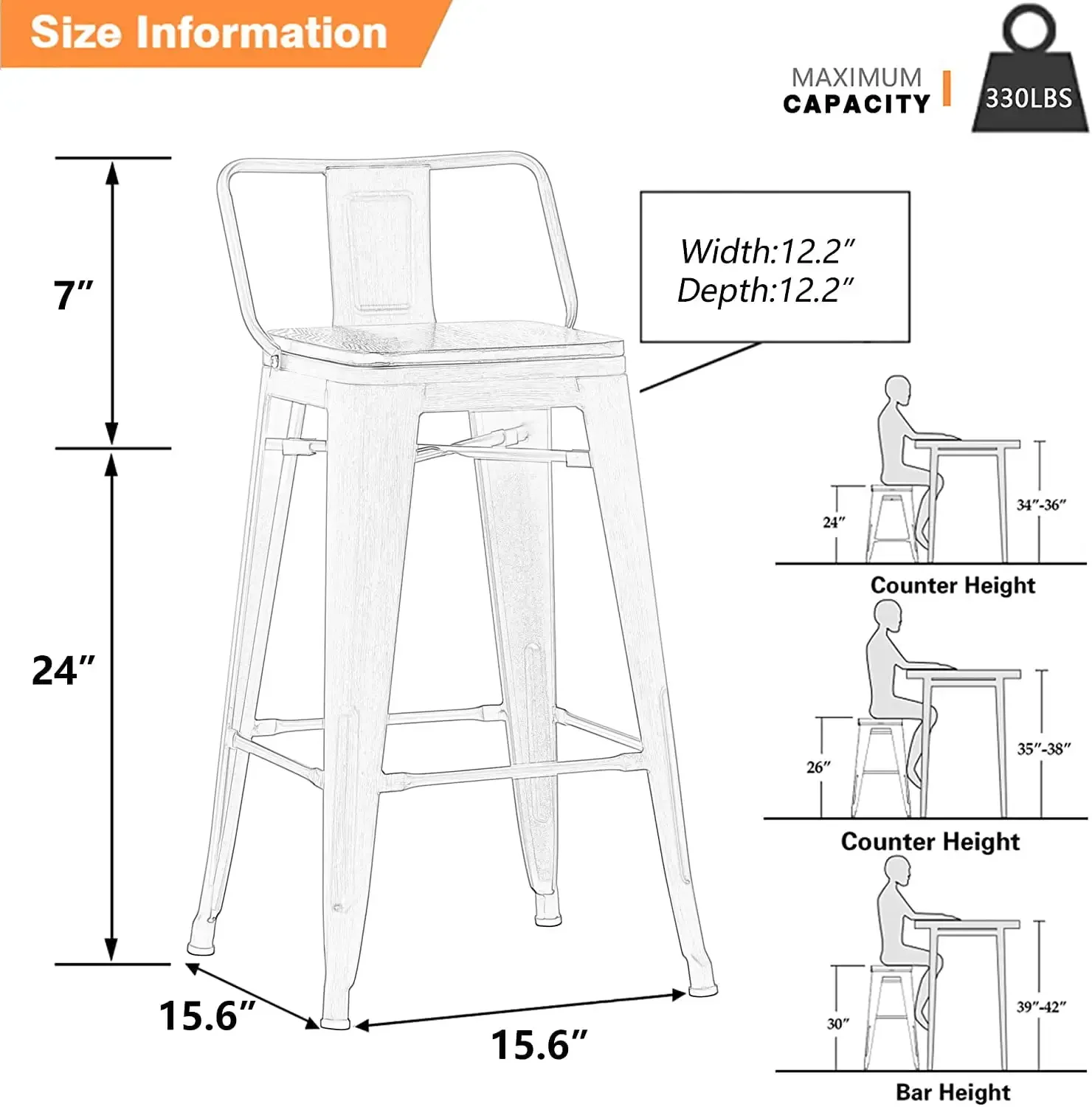 Kursi Bar Logam 24" Set 4 Bangku Tinggi Counter dengan Gunmetal Punggung Rendah Atas Kayu