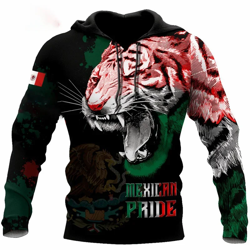 Fashion 3D Print Mexico Flag National Emblem Hoodie Men Tops Autumn Long Sleeve Mexican Aztec Sweatshirt Streetwear Clothing