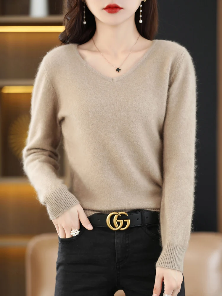 Mini Star Women's V-Neck 100% Mink Cashmere Pullovers Sweater Long Sleeve Knitwear Solid Basic Casual Autumn Winter Clothes Tops