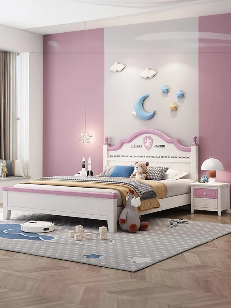 سرير أطفال من الخشب الصلب سرير الأميرة للفتيات 1.5 متر تخزين من الخشب الصلب للفتيات باللون الوردي #4