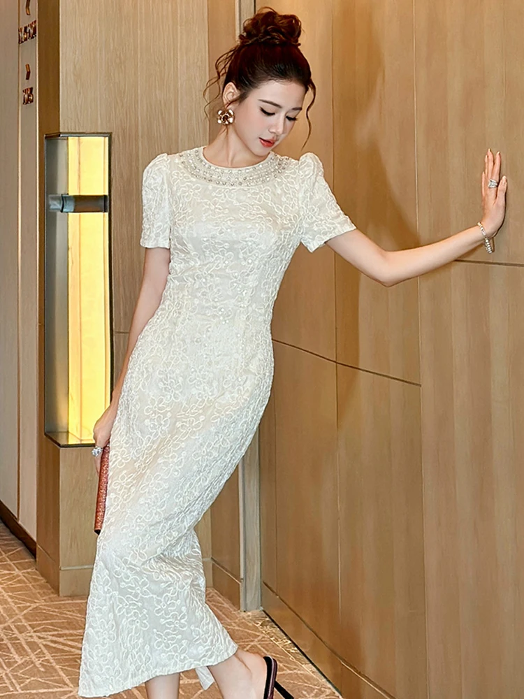 Robe de soirée élégante et Chic pour femmes, célébrité, perles, décolleté en diamant, coupe cintrée, mi-longue, Business