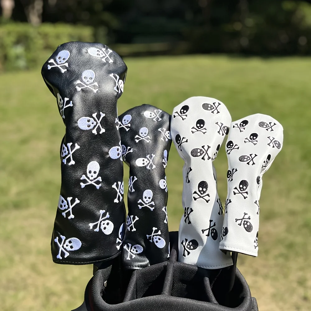 Fashionable Skull Embroidered Pattern Durable Golf Club Head Covers, For Hybrid, Driver, Fairway Wood, Golf Accessories