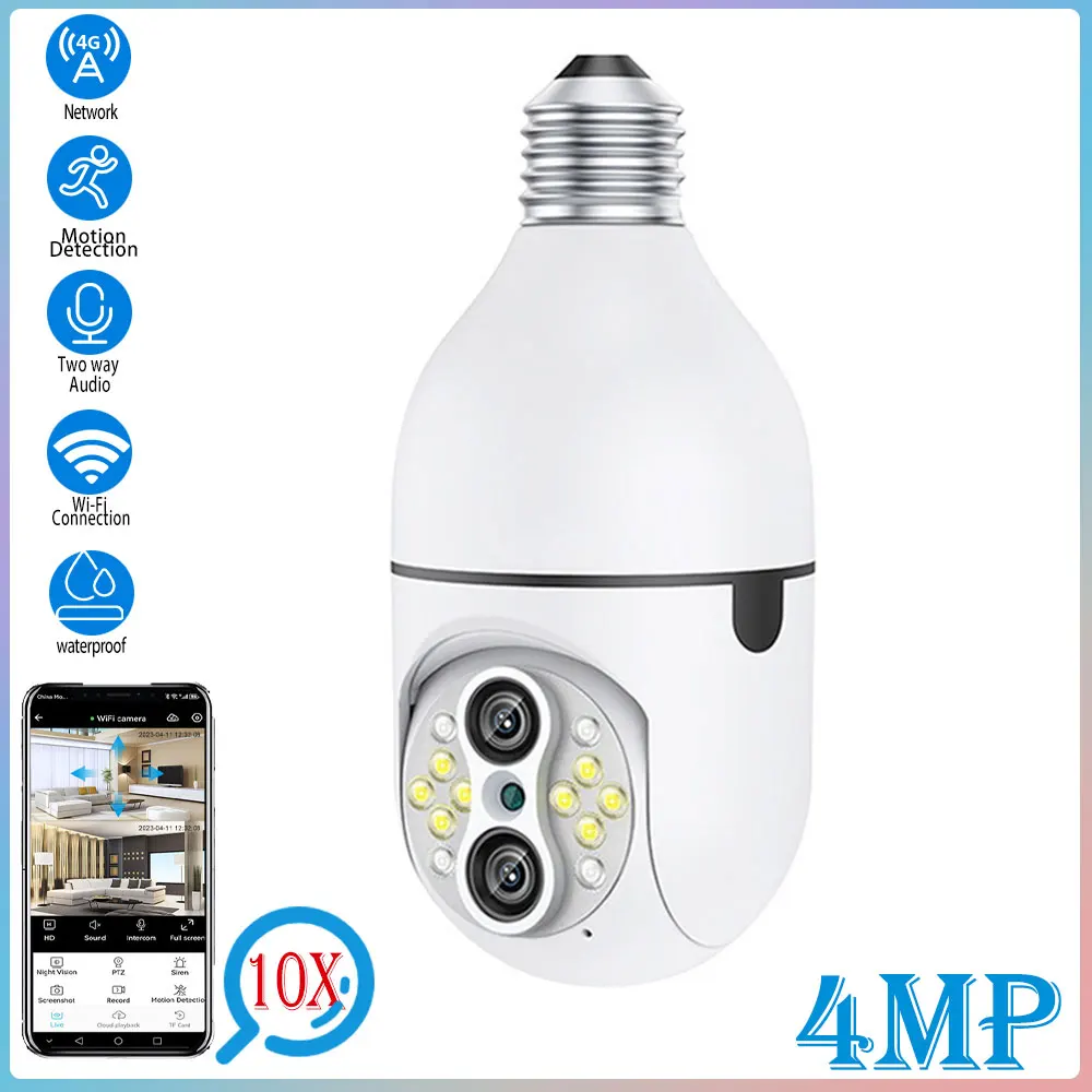 

4MP 10X zoom dual-lens bulb camera two-way voice outdoor human body movement detection CCTV surveillance camera