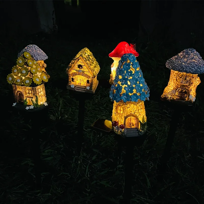 LED Solar Lawn Light Multi Craft Miniature Fairy House Solar Powered Outdoor Decor LED Garden Light Resin Cottage Christmas Lamp