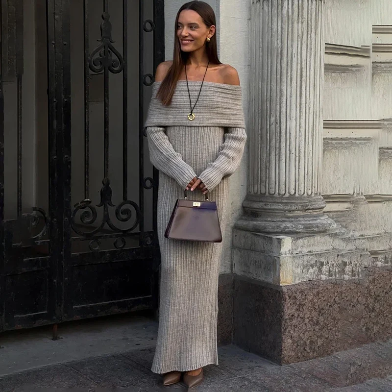 

Tornova Knitted Off Shoulder Maxi Dress Female Elegant Long Sleeve Rib Knit Bodycon Dress High Waist Fall Winter New Female