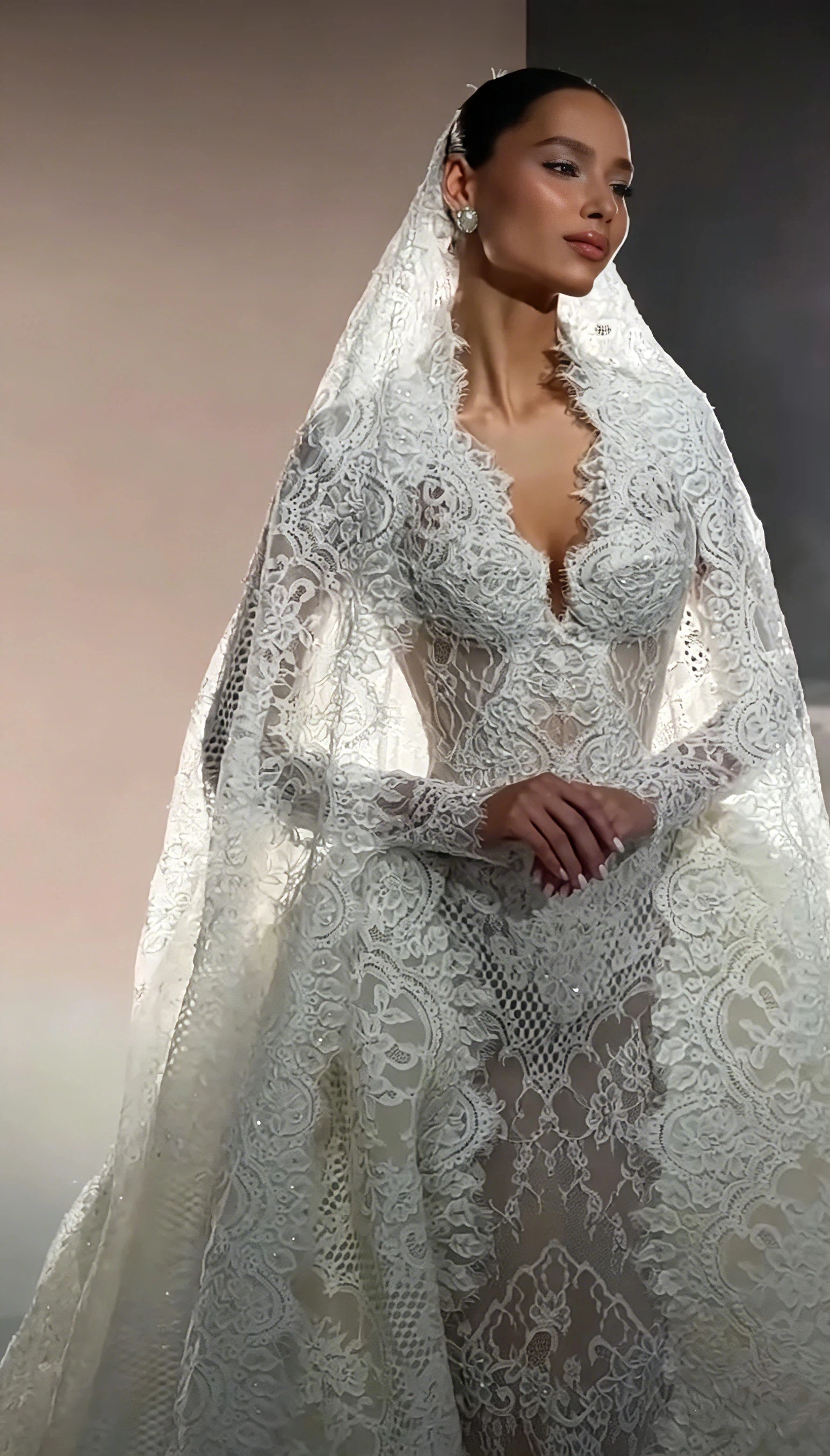 Luxury Lace Mermaid Wedding Dress 2026 Elegant V-Neck Long Sleeve Bridal Gown Sparkly Beaded White Wedding Dresses Customized