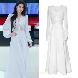 JAMERARY French Style New Summer Holiday Long Sleeve Midi White Dress Women Sexy V Neck Hollow Out Prom Vestidos Party