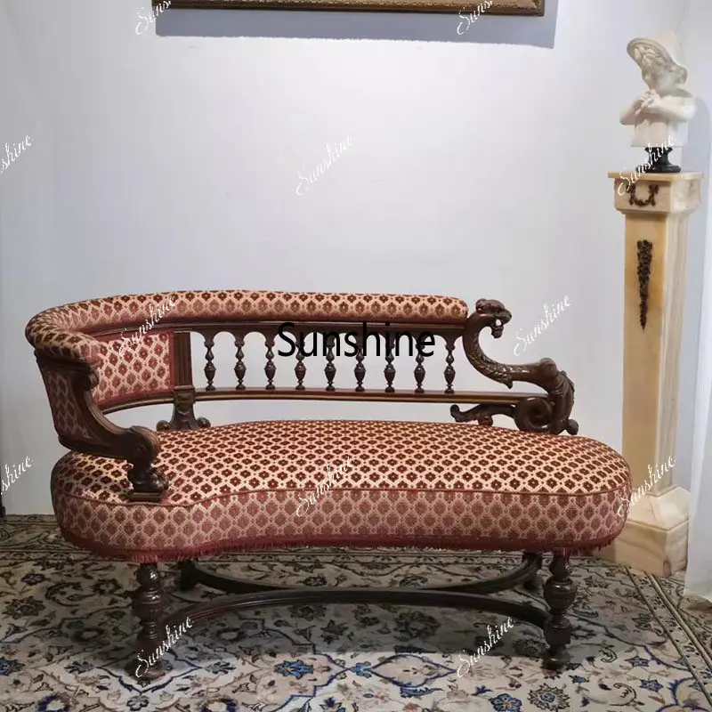 French retro solid wood carving flower concubine chair living room balcony fabric leisure