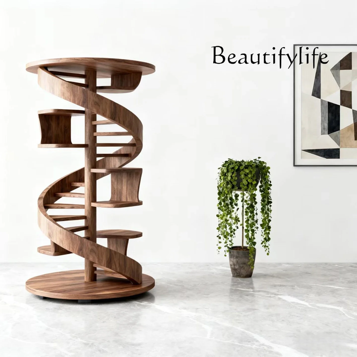 

BJ New Chinese Spiral Bookshelf Song Aesthetic Rotating Bookshelf Living Room Wall Solid Wood Shelf