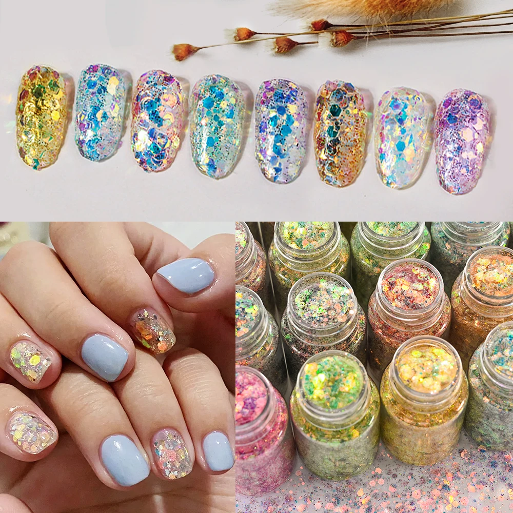 1Bottle(Net-10g) Aurora Mermaid Glitter Shiny Sparkly Hexagon Spangle Paillette Fairy Eyes Flake Sequins Manicure Pigment Powder