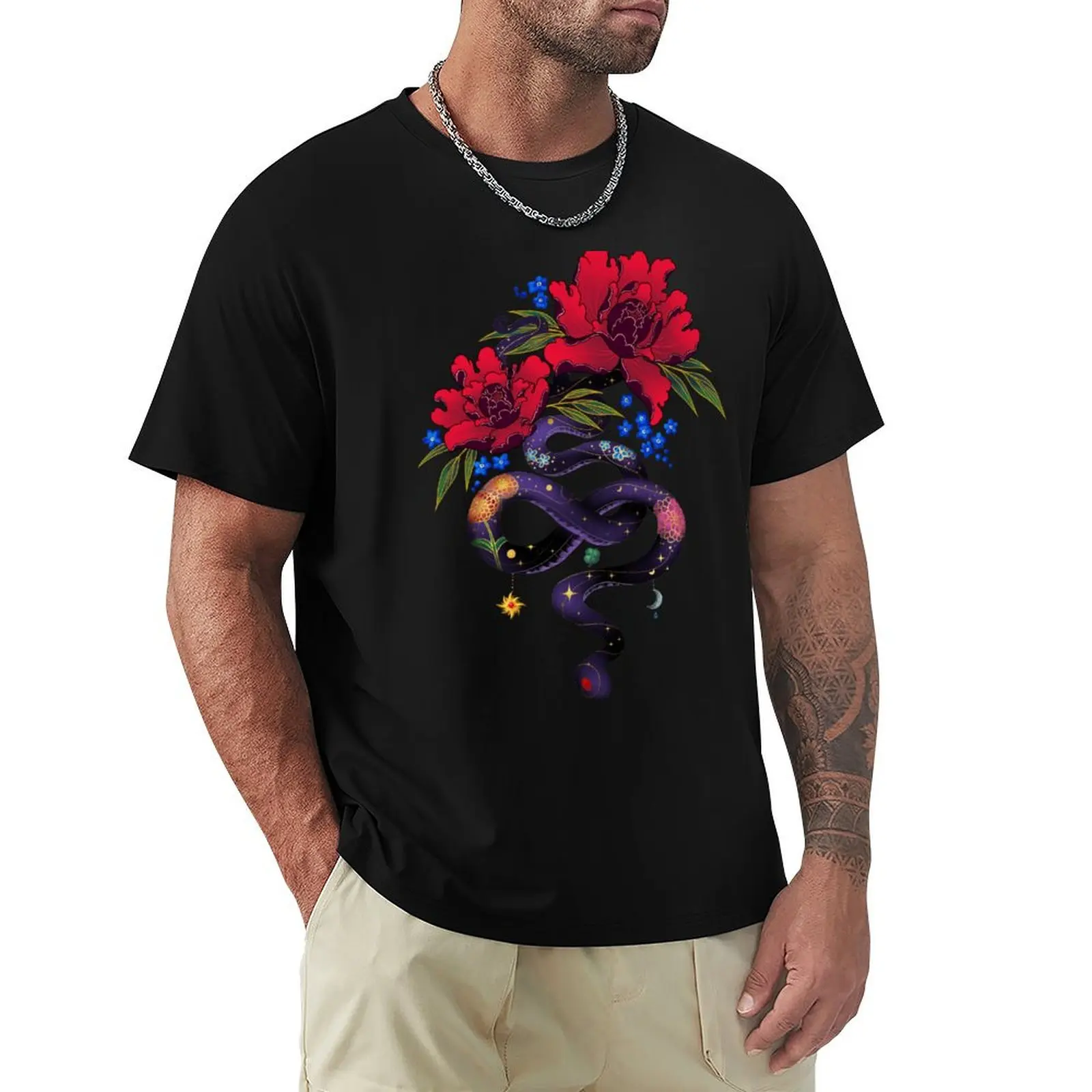Snake Peony Flowers Tattoo T-Shirt Work Wear Lightweight Tee