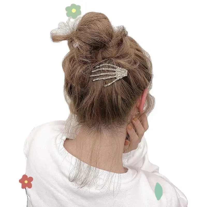 1 Pack Crystal Girl Easter Rhinestone Punk Skull Hand Hairpin Women Halloween Party Hairpin Hairpin Headgear Accessories