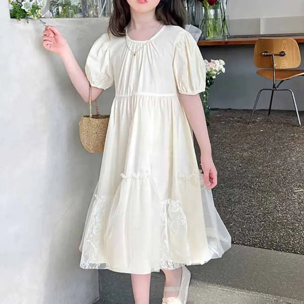 

Sweet Loose Girls Puff Sleeve Dress Lace Teenagers Summer Kids Dresses Pleated Party Children Princess Dress Party