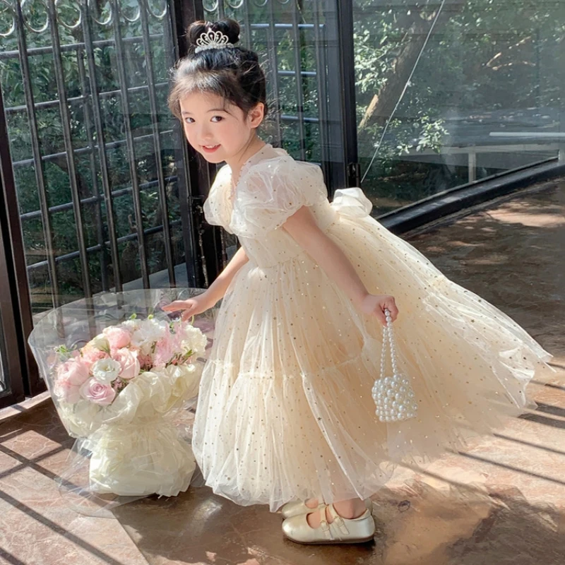 Summer Girl Puff Sleeve Mesh Skirt  Sweet Rainbow Princess Birthday Party Gown Mesh Wedding Children Dresses