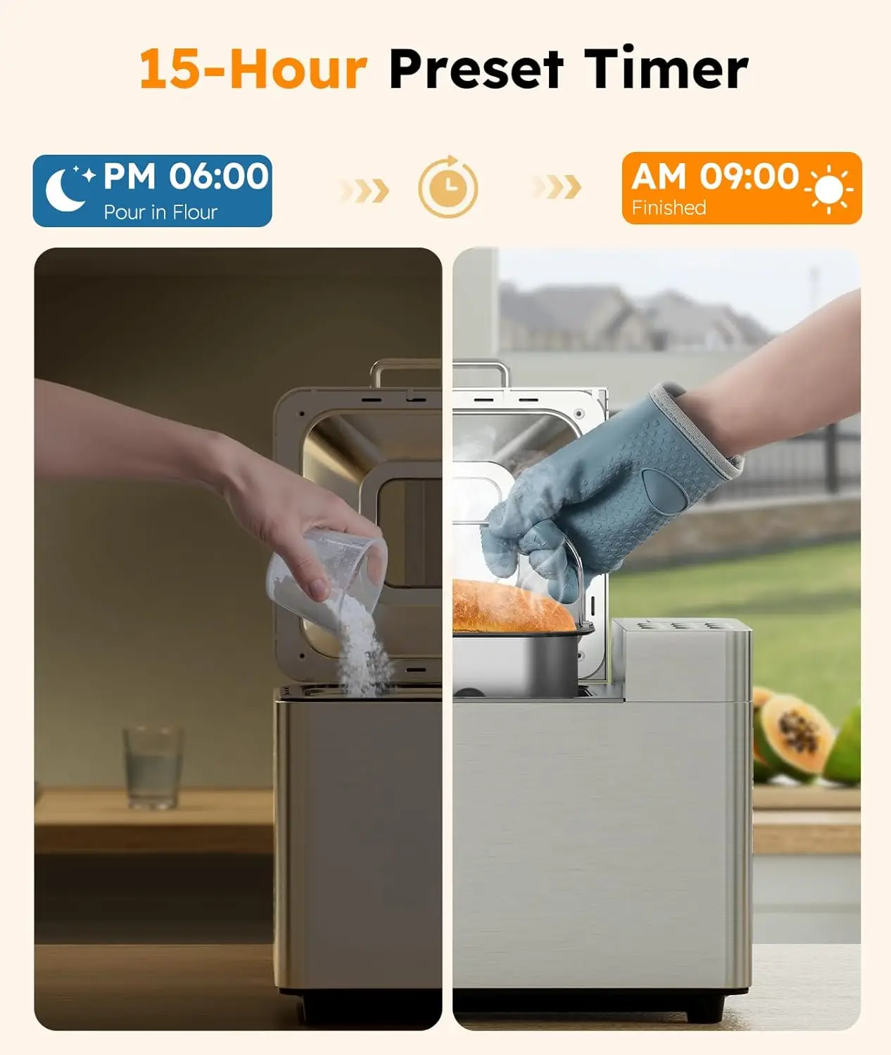 ماكينة صنع الخبز بسعة 2 رطل، ماكينة صنع الخبز الأوتوماتيكية من الفولاذ المقاوم للصدأ 17 في 1، غير لاصقة، أجهزة تحكم صديقة للمبتدئين، 15 ساعة #5