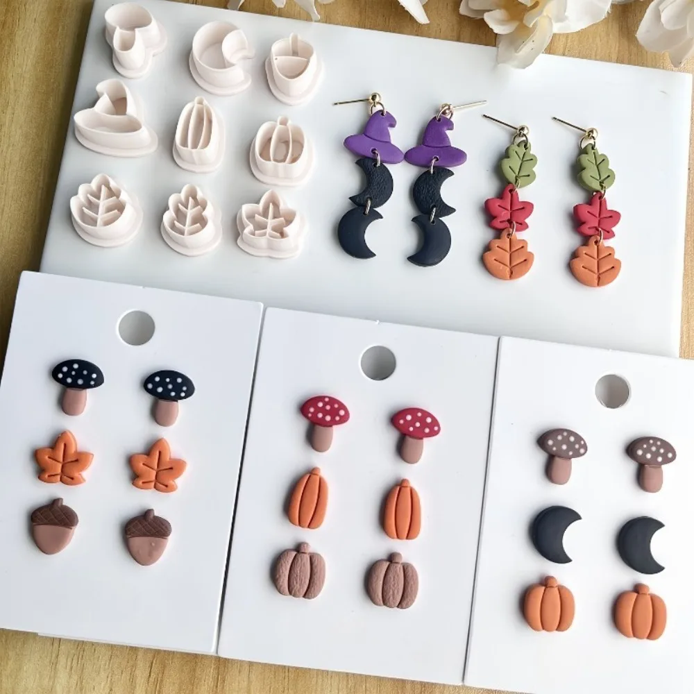 9Pcs Fall Harvest Themed Polymer Clay Cutters Set  Pumpkin Leaf Mushroom Moon Molds for Halloween DIY Earrings Jewelry Making