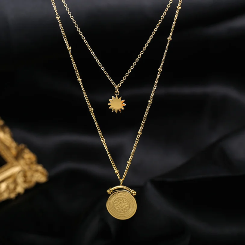 316L Stainless Steel New Fashion Upscale Jewelry 2 Layer Sunflower Beaded Charm Chain Choker Necklaces Pendants For Women