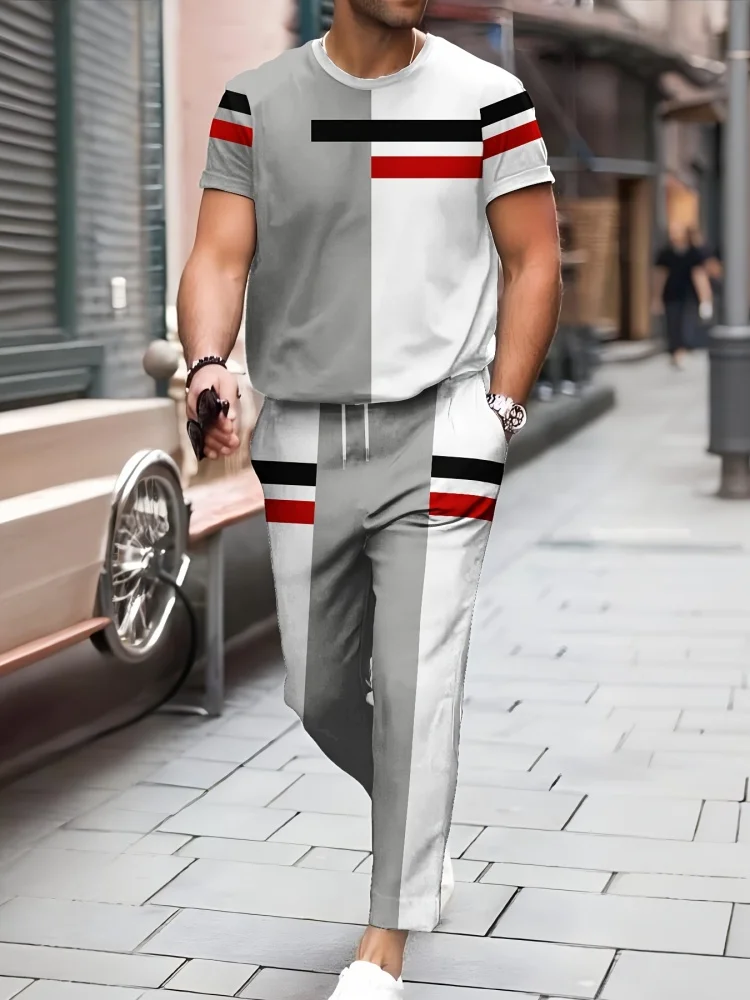 

Summer Fashion Men's T-Shirt Set 3D-Printed Striped Activewear Short-Sleeve T-Shirt and Long Pants Streetwear Two-Piece Set