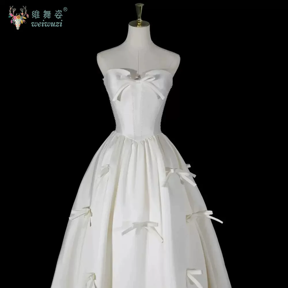 프랑스 스타일 새틴 a 라인 웨딩 드레스 간단한 Strapless 신부 약혼 드레스 Applique Bow Floor-Length Sweetheart 가운