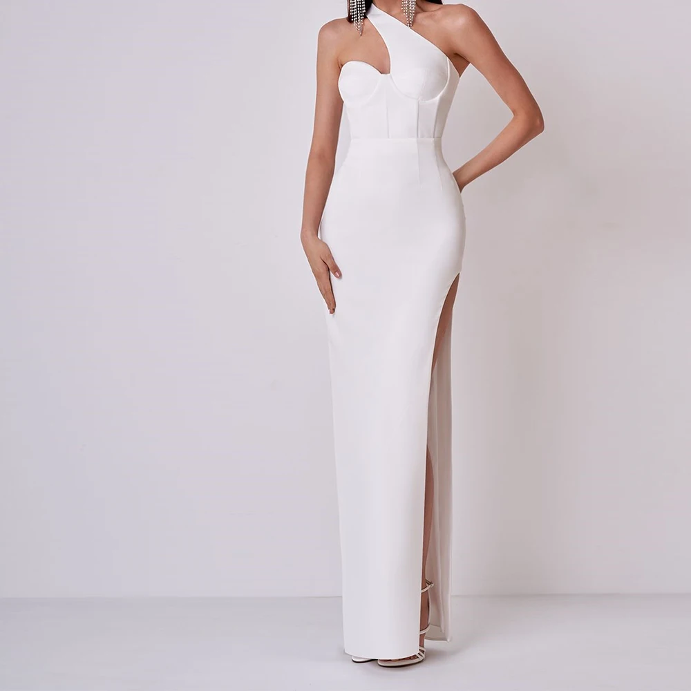 

Ankle Length Jersey Pleats One Shoulder Sleeveless Solid White Dubai Evening Caftan Dress Dresses For Formal Occasions Classic