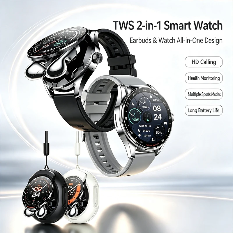 2‑in‑1 Smart Watch Built‑in TWS Earbuds Men BT Call Fitness Watch Heart Rate Sleep Monitor Sports Smartwatch For Android IOS