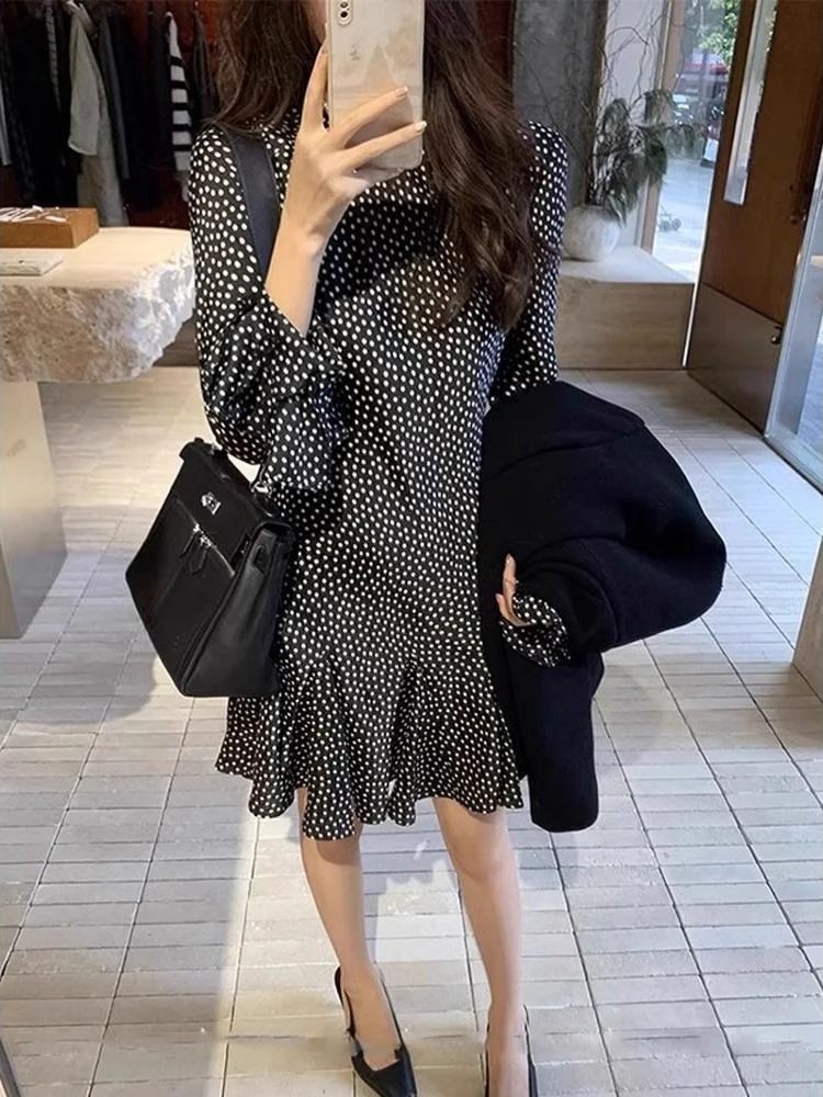 긴 소매 여성 드레스 이브닝 파티 봄 시폰 아플리케 리본 플라운스 허리 없는 미니멀리스트 스타일 플리츠 시크