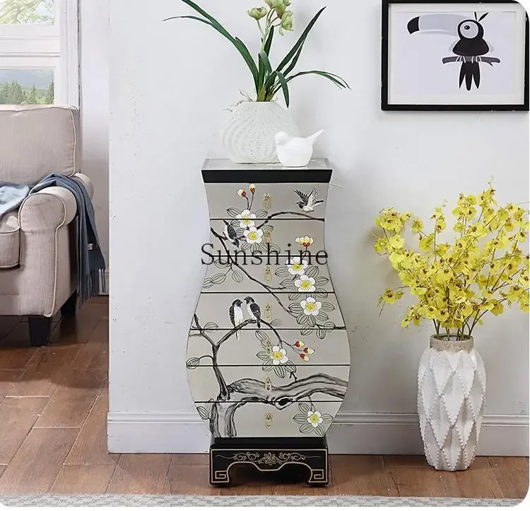 

New Chinese-style living room painted TV side cabinet design sense solid wood drawer storage multi-layer vertical cabinet FT